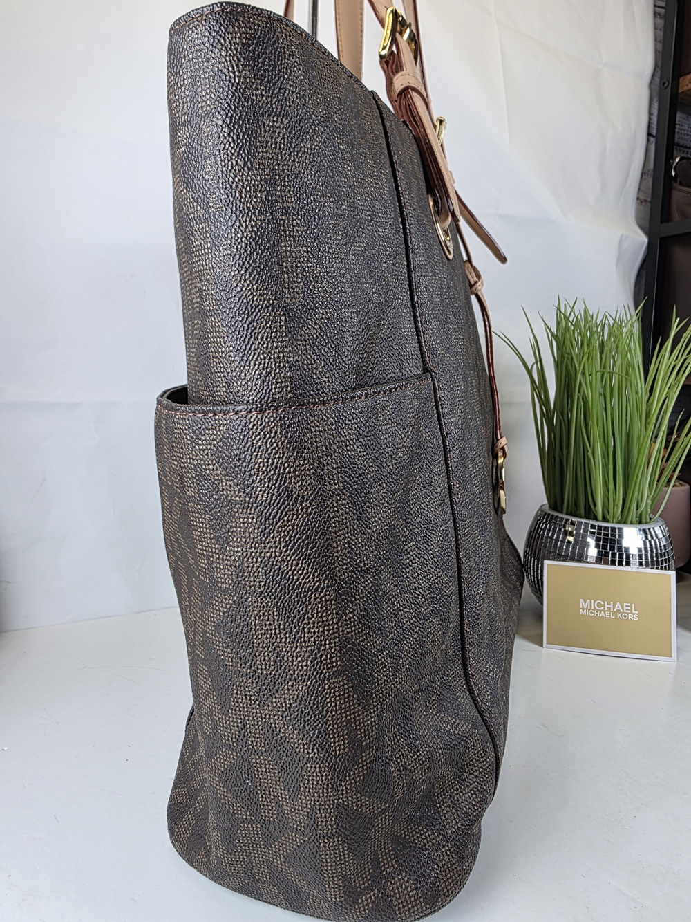 Michael Kors Jet Set Travel Brown Logo Tote Shoulder Bag Work Laptop School - Picture 7 of 13